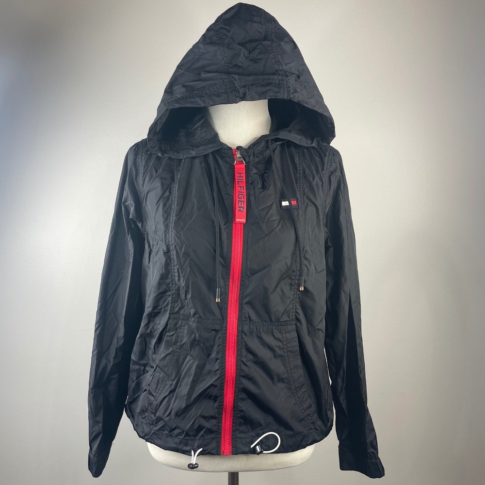 Tommy Hilfiger Sport Womens Black Red Full Zip Hooded Windbreaker‎ Jacket S
